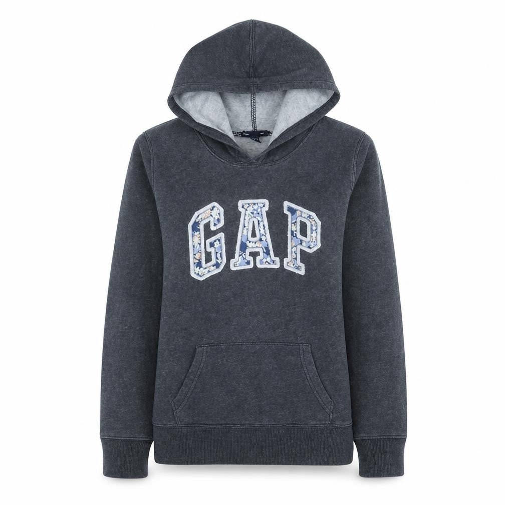 Front view of Gap Women Dark Grey Pullover Hoodie, size M, Cotton Blend Fleece