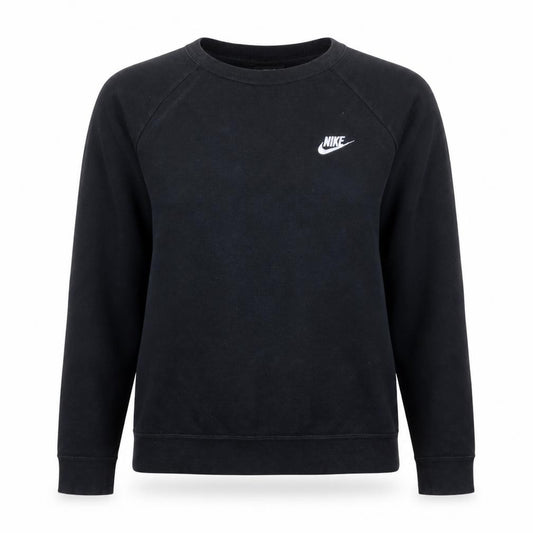 Front view of Nike women’s black cotton blend crew neck pullover sweatshirt, size L