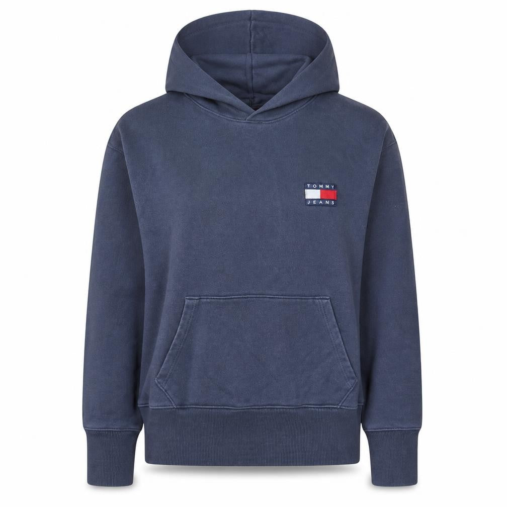 Front view of Tommy Jeans Women's Blue Pullover Hoodie, size S, Cotton Logo Sweatshirt