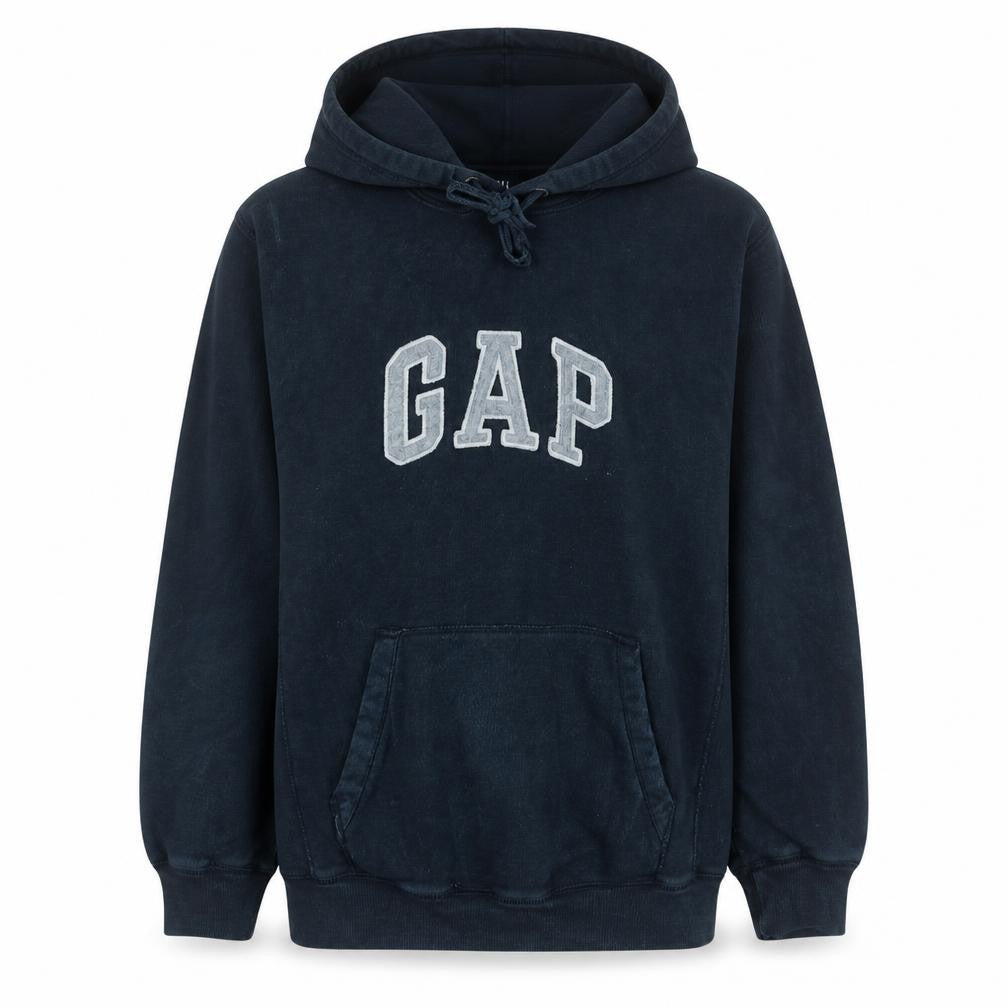 Front view of Gap Women Navy Blue Pullover Hoodie S Logo Embroidered Casual