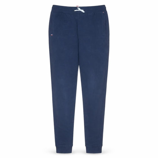 Front view of Tommy Hilfiger boys’ blue jogger trousers, size 176, elastic waist logo