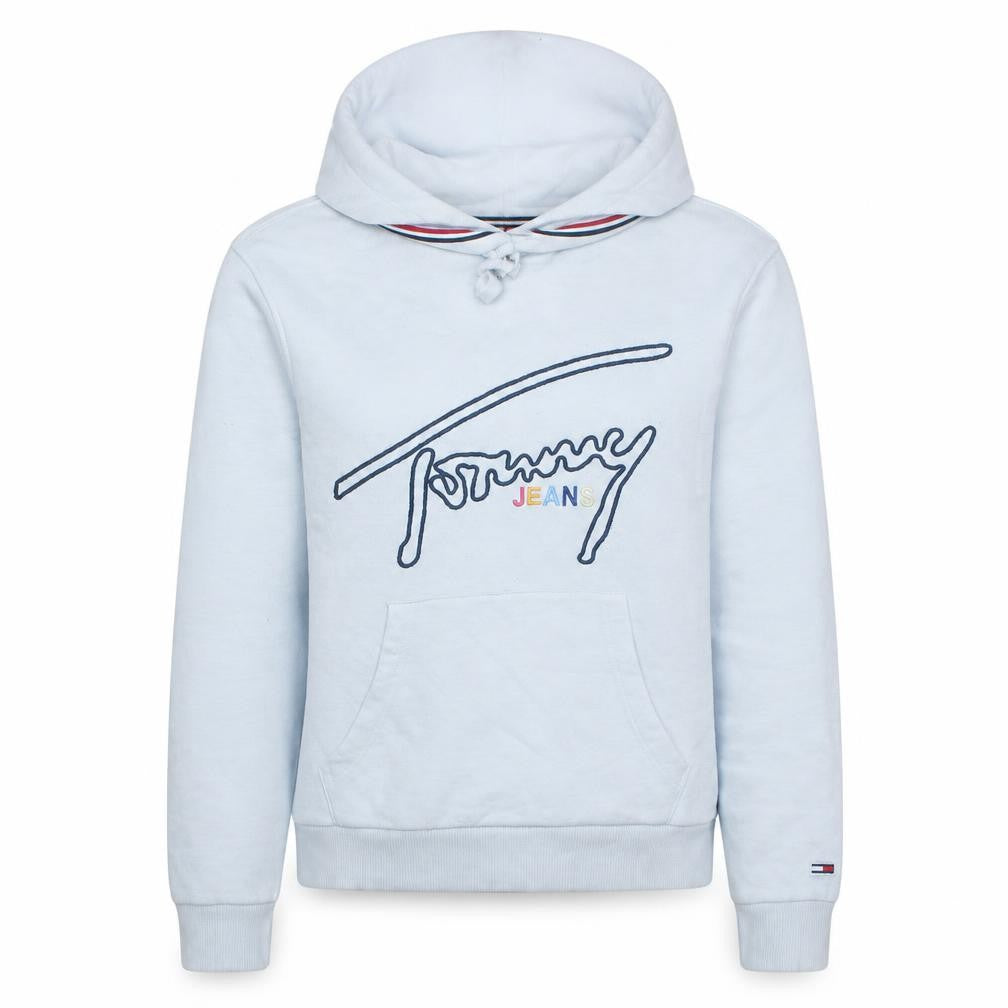 Front view of Tommy Jeans women’s white xs pullover hoodie cotton blend logo design