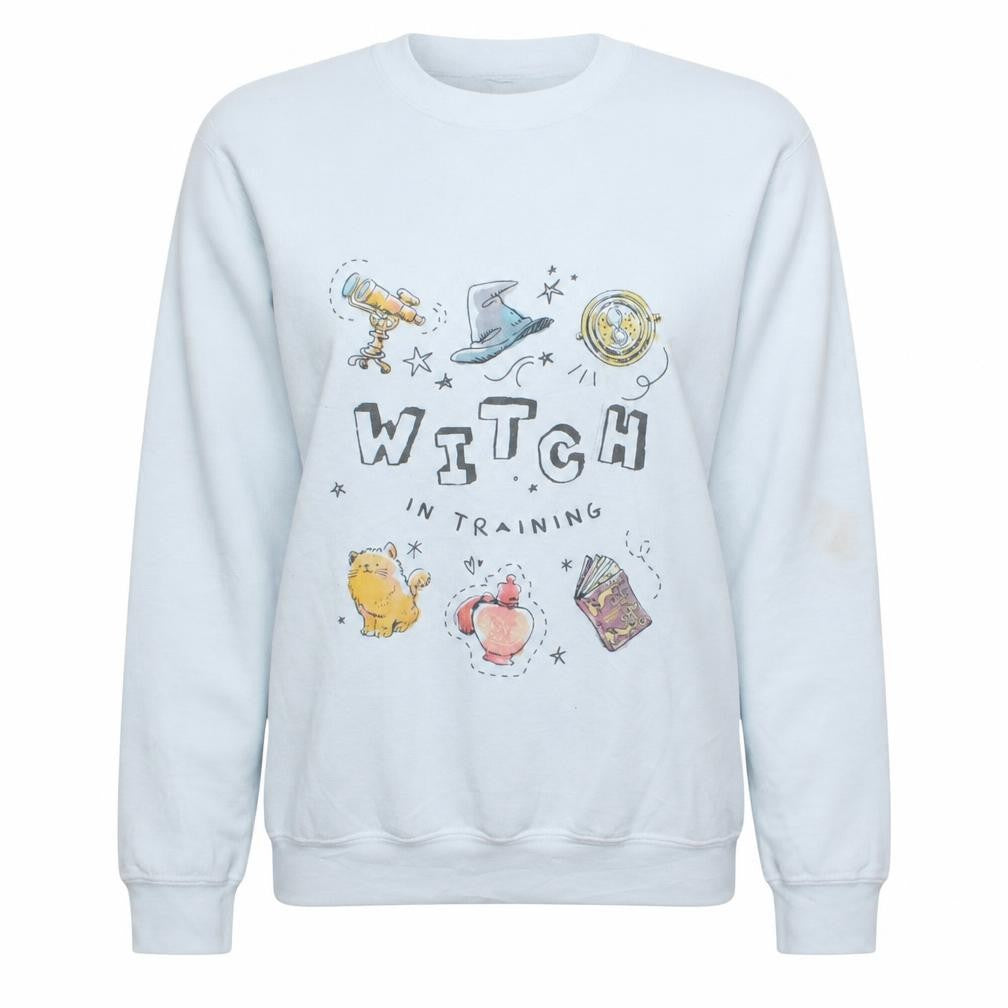 Front view of Harry Potter women’s white xl pullover sweatshirt witch in training