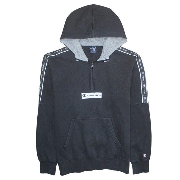 Champion Men's Black Large 1/2 Zip Hoodie with Logo Tape Detail