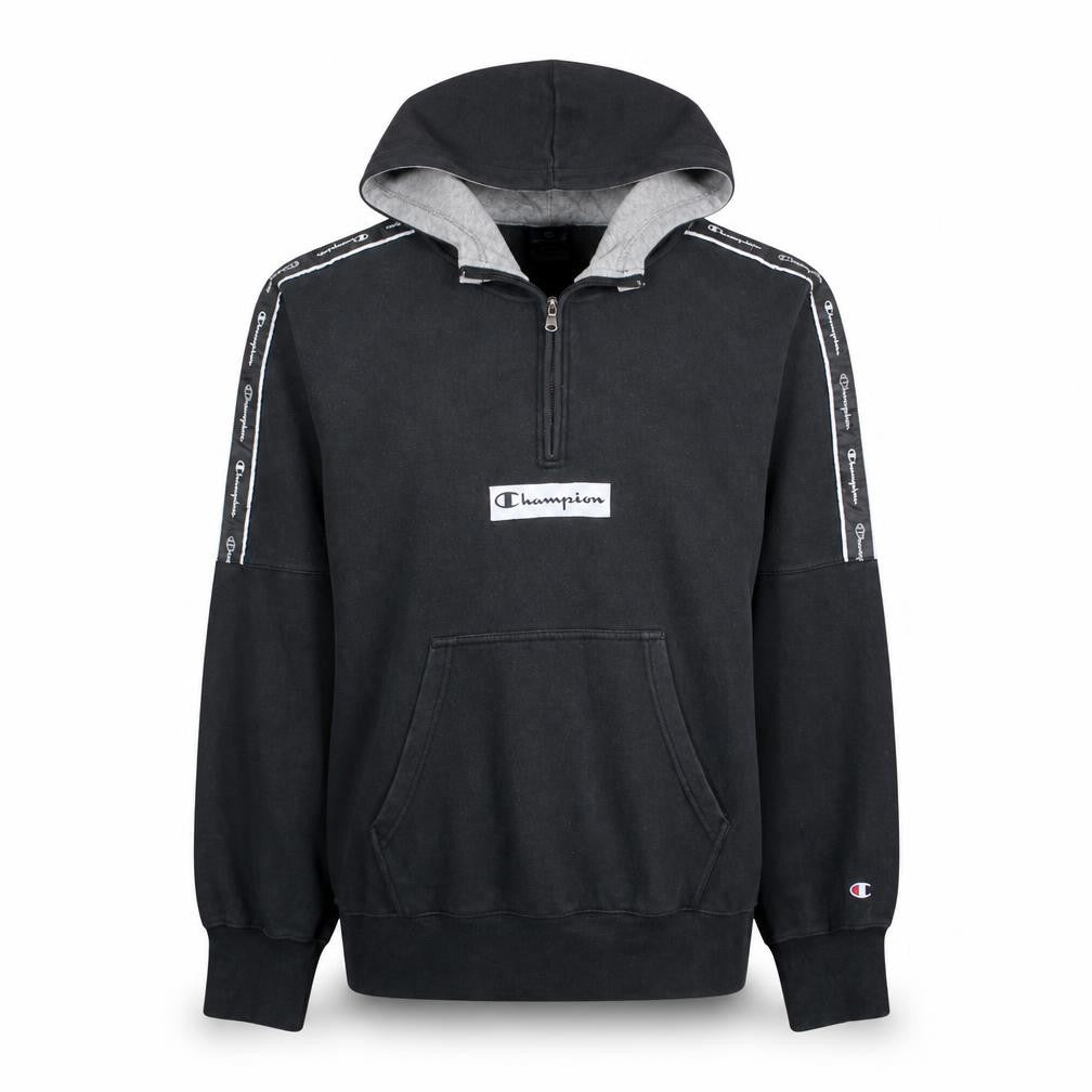 Champion Men's Black Large 1/2 Zip Hoodie with Logo Tape Detail