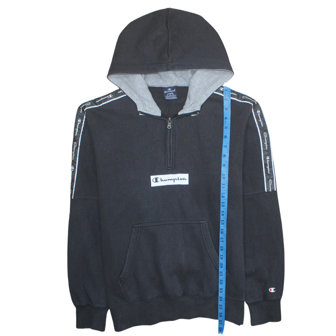 Champion Men's Black Large 1/2 Zip Hoodie with Logo Tape Detail