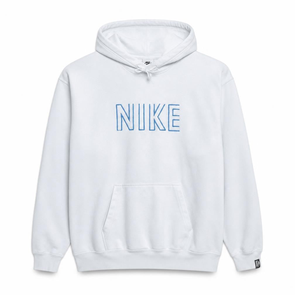Front view of Nike Men's White XS Pullover Hoodie with Blue Logo