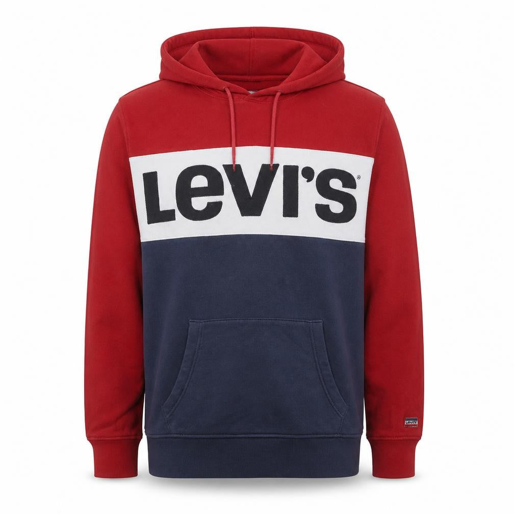 Front view of Levi's Men's Red Colourblock Logo Pullover Hoodie, size M
