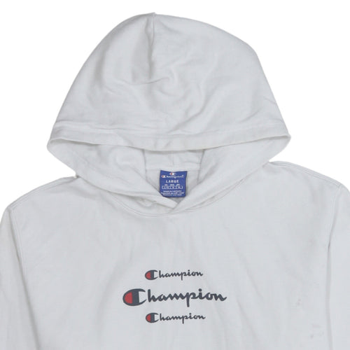 Champion Women White Large Pullover Hoodie Cotton Logo Print