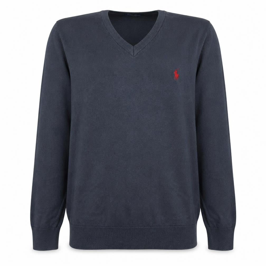 Front view of Polo Ralph Lauren Men's Blue V-Neck Cotton Pullover Sweatshirt L