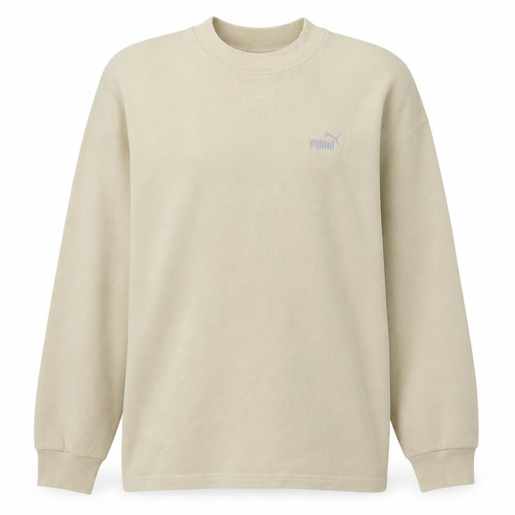 Front view of Puma men’s beige crew neck pullover sweatshirt, size L