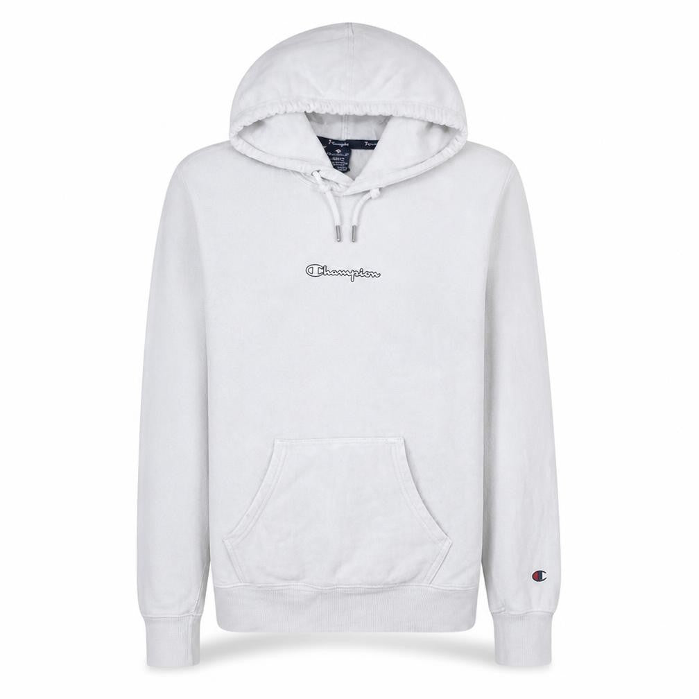 Front view of Champion Men's White XS Pullover Hoodie with Logo Front Pocket