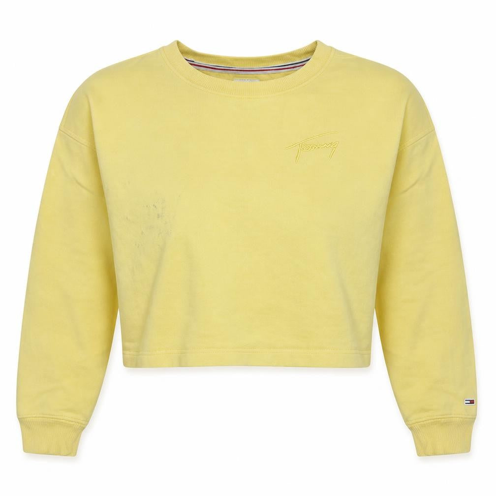 Front view of Tommy Jeans women’s yellow crew neck cropped sweatshirt m