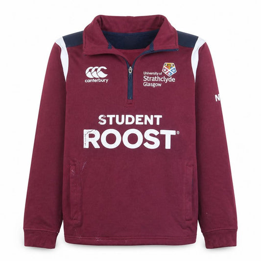 Front view of Canterbury Women's Burgundy 1/4 Zip Sweatshirt, size 14, University of Strathclyde
