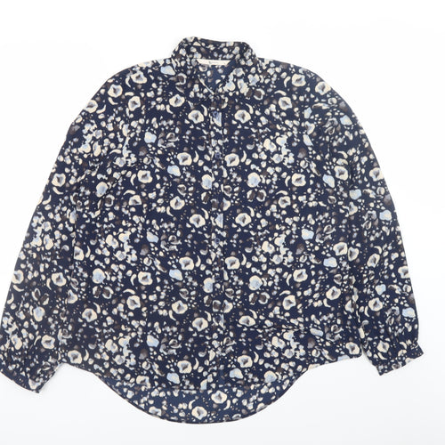 Tu Women Blue Floral Button Blouse Size 14 Long Sleeve Polyester