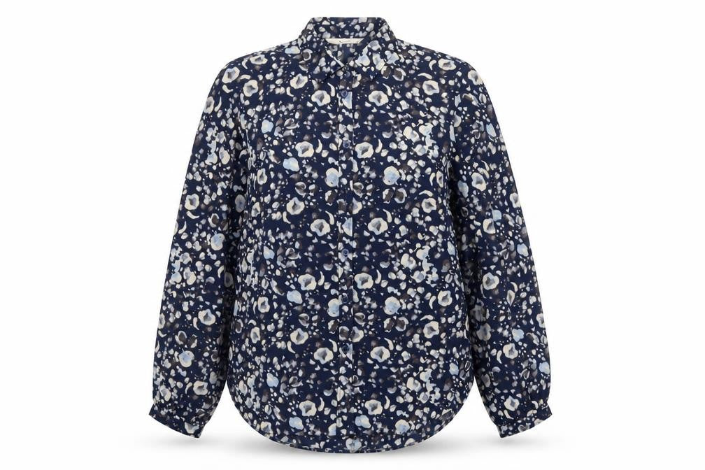 Front view of Tu Women Blue Floral Button Blouse, size 14, Long Sleeve Polyester