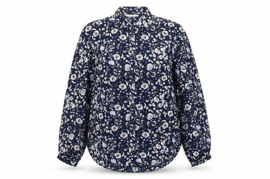 Front view of Tu Women Blue Floral Button Blouse, size 14, Long Sleeve Polyester