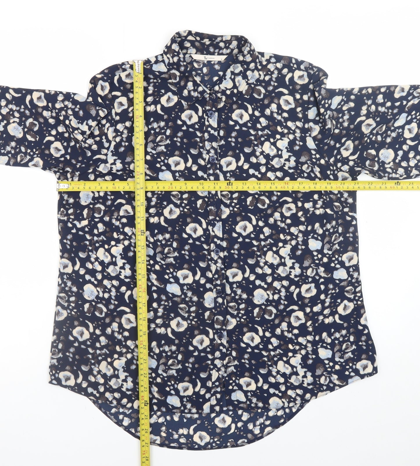 Tu Women Blue Floral Button Blouse Size 14 Long Sleeve Polyester