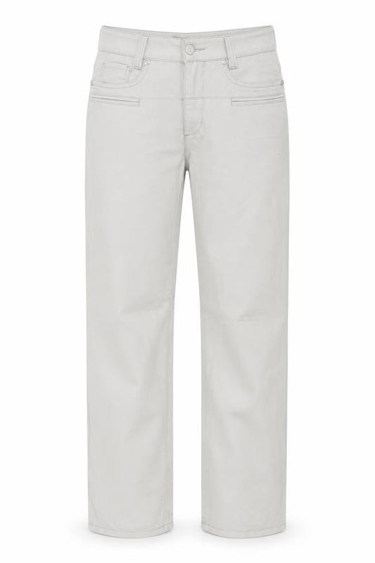 Front view of Cambio Women Beige Straight Jeans, size 8, Cotton Stretch Pearlie Style