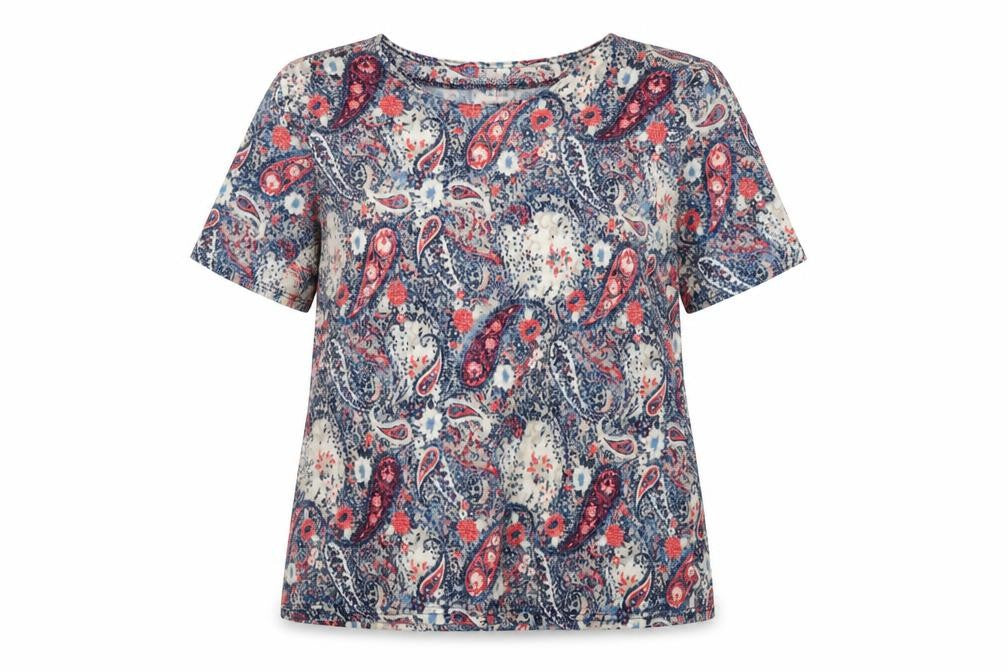 Front view of Honor Millburn Women's Multicoloured Paisley Short Sleeve Jersey Top, size 16