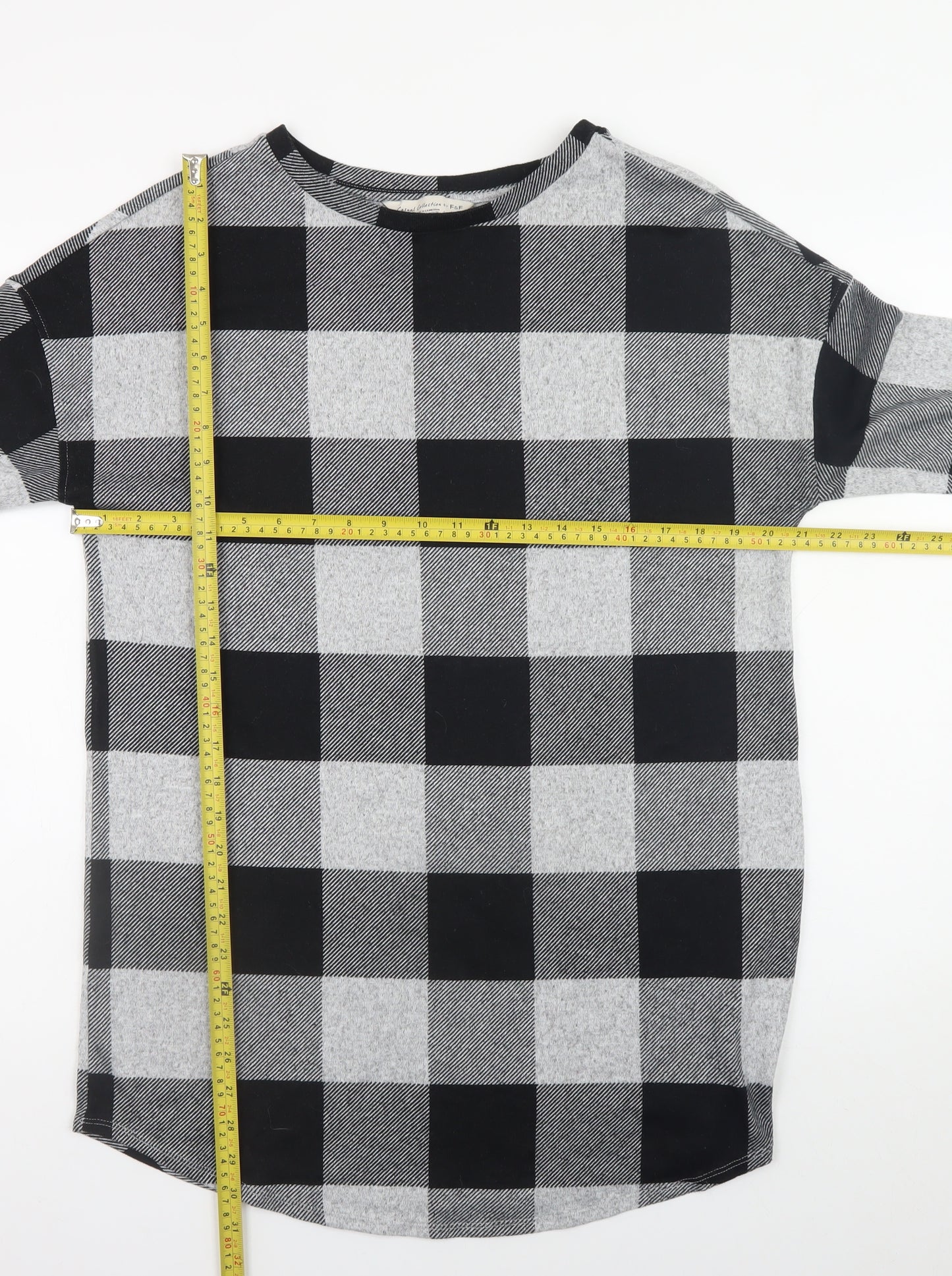 F&F Women's Grey Check Shift Dress UK 14 3/4 Sleeve Boat Neck