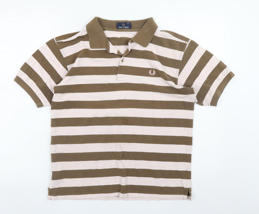Fred Perry Men's Beige Brown Striped Polo Shirt Size M Cotton Classic