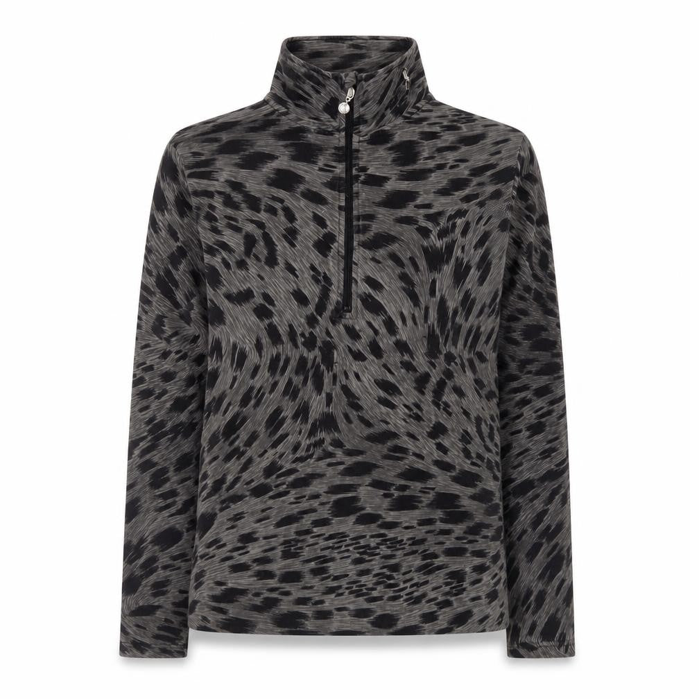 Front view of Daily Women Grey Animal Print 1/2 Zip Pullover Sweatshirt, size S