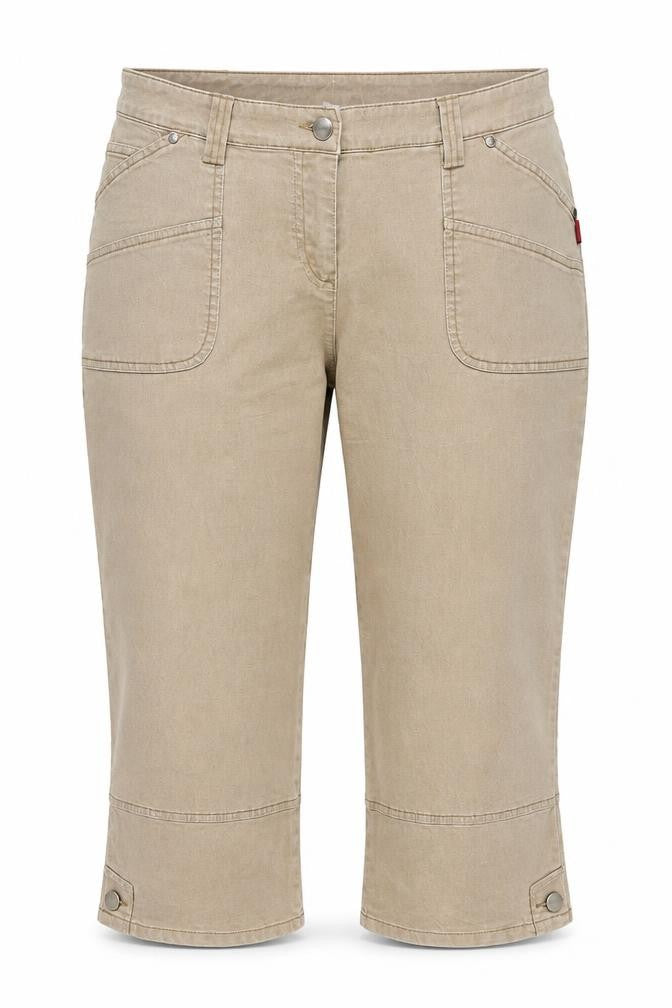 Front view of MIAN Women's Beige Cotton Stretch Capri Trousers, size 25