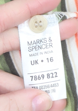 Marks and Spencer Women's Multicoloured Striped Cotton Collared Button-Up Top UK 16