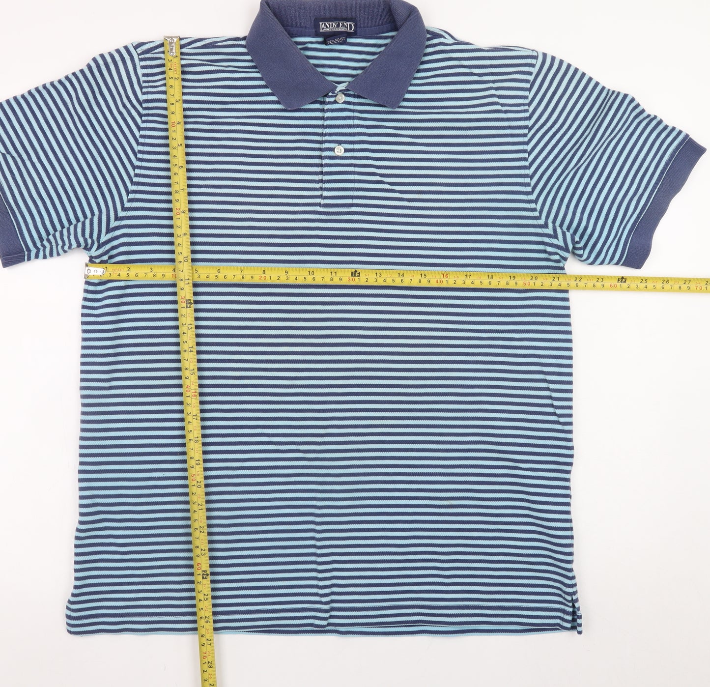 Lands' End Men's Blue Striped Cotton Polo Shirt Size L Regular Fit