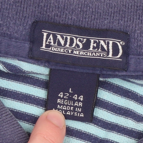Lands' End Men's Blue Striped Cotton Polo Shirt Size L Regular Fit