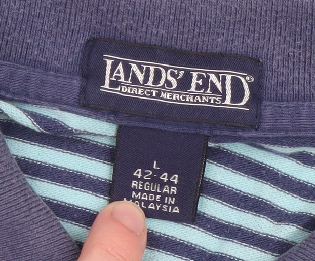 Lands' End Men's Blue Striped Cotton Polo Shirt Size L Regular Fit
