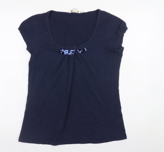 Boden Women's Blue Sequin Scoop Neck Short Sleeve Cotton T-Shirt Size 14