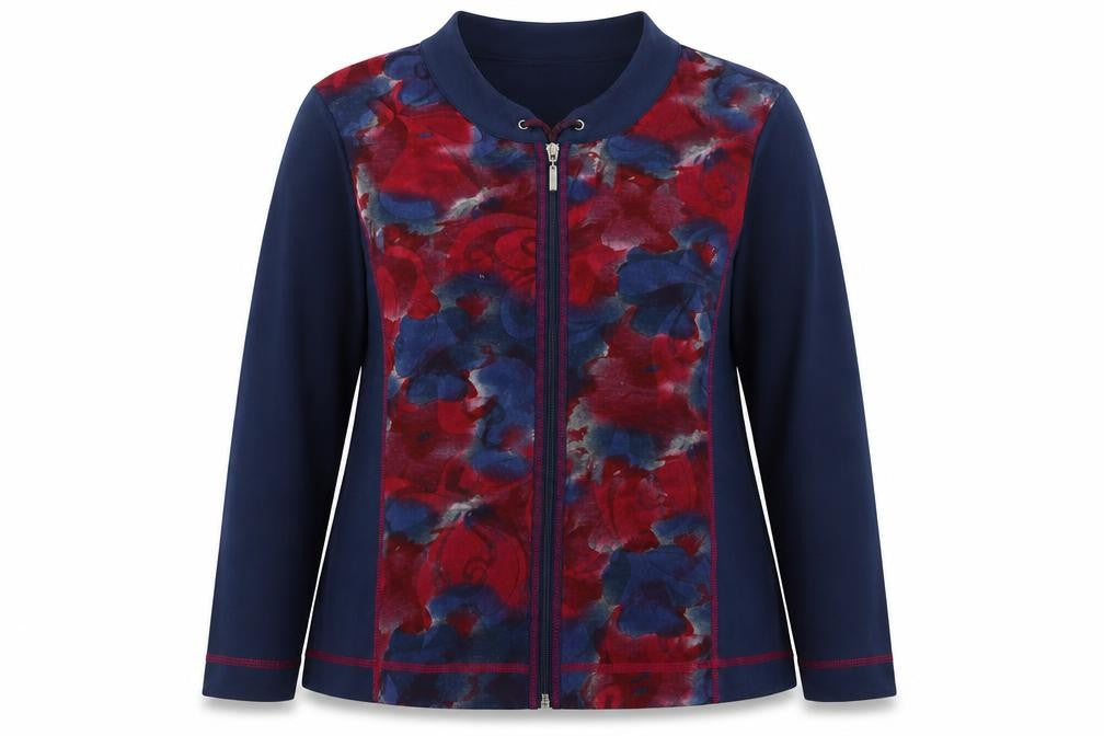 Front view of Anna Rose women’s multicoloured floral zip jersey top 2xl