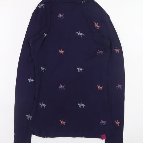 Joules Women’s Blue Roll Neck Horse Print Cotton Modal Long Sleeve Top UK 8