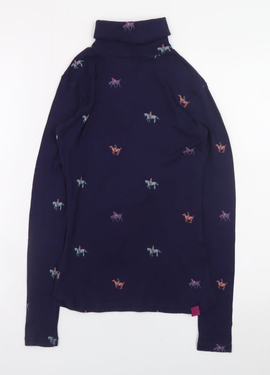 Joules Women’s Blue Roll Neck Horse Print Cotton Modal Long Sleeve Top UK 8