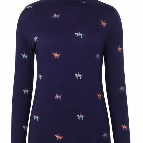 Joules Women’s Blue Roll Neck Horse Print Cotton Modal Long Sleeve Top UK 8
