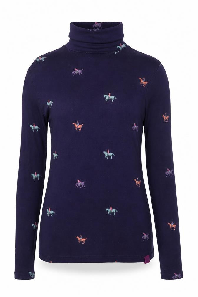 Joules Women’s Blue Roll Neck Horse Print Cotton Modal Long Sleeve Top UK 8