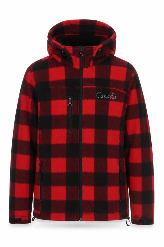 Front view of Souvenirs Northern Men's Red Black Check Hooded Fleece Jacket, size M