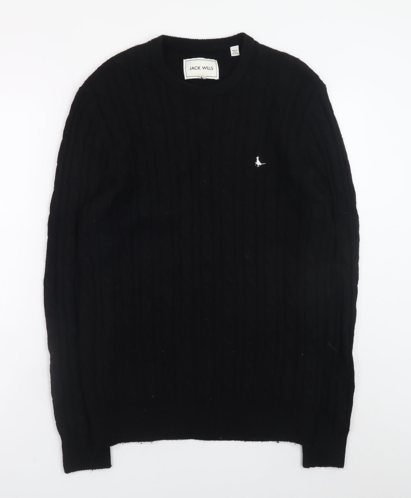Jack Wills Men's Black Cable-Knit Crew Neck Wool Jumper Size M