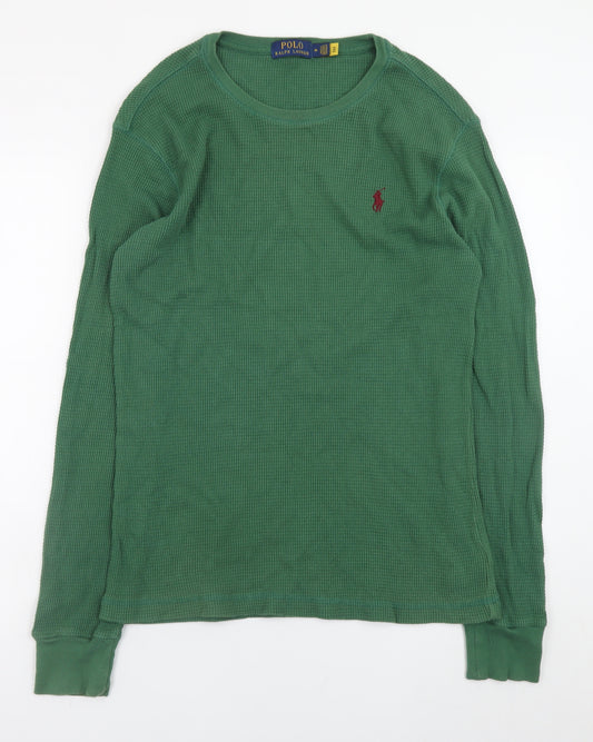 Ralph Lauren Men's Green Cotton Waffle Knit Crew Neck Jumper Medium