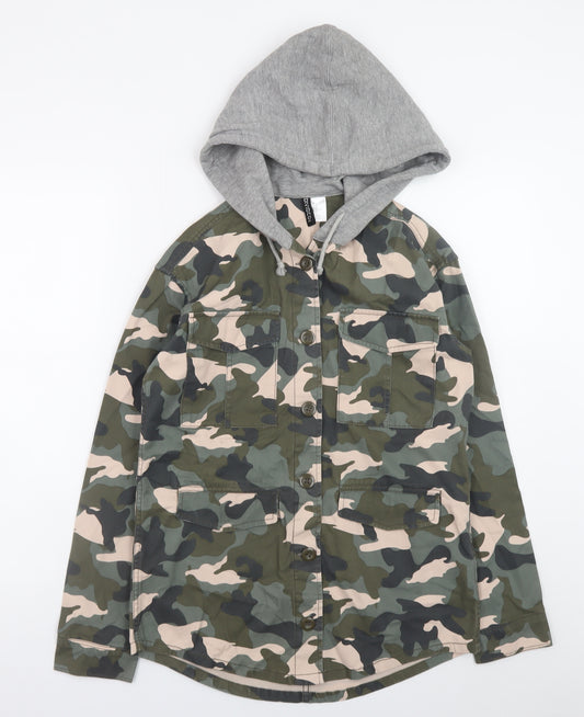 H&M Divided Women's Green Camouflage Hooded Military Jacket Size 4