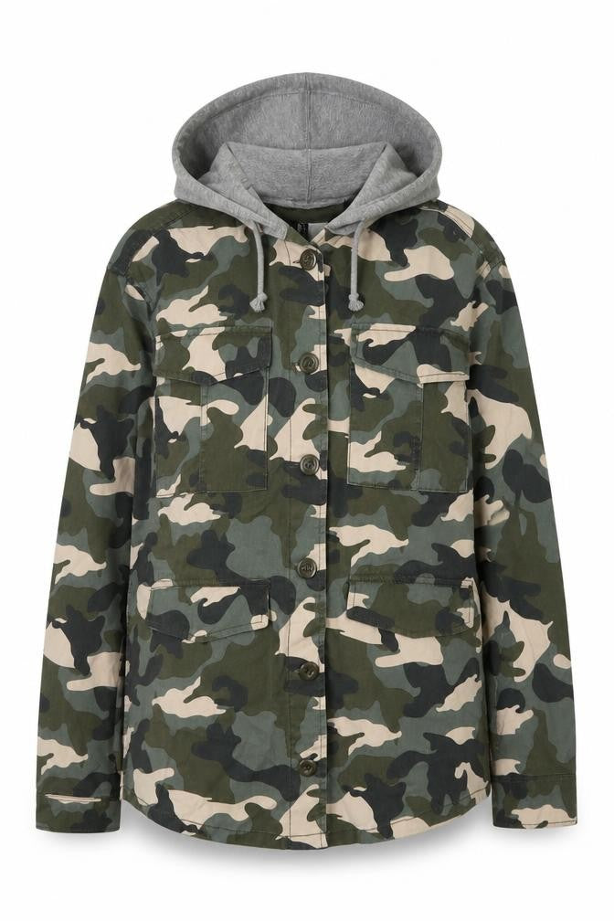 H&M Divided Women's Green Camouflage Hooded Military Jacket Size 4