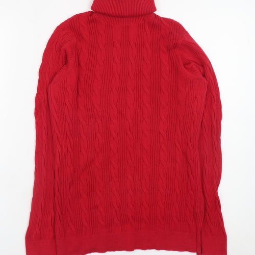 Lands' End Women's Red Roll Neck Cable-Knit Cotton Jumper Size M