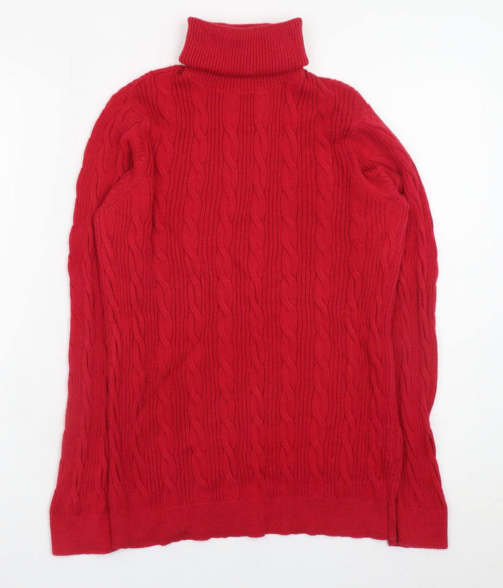 Lands' End Women's Red Roll Neck Cable-Knit Cotton Jumper Size M