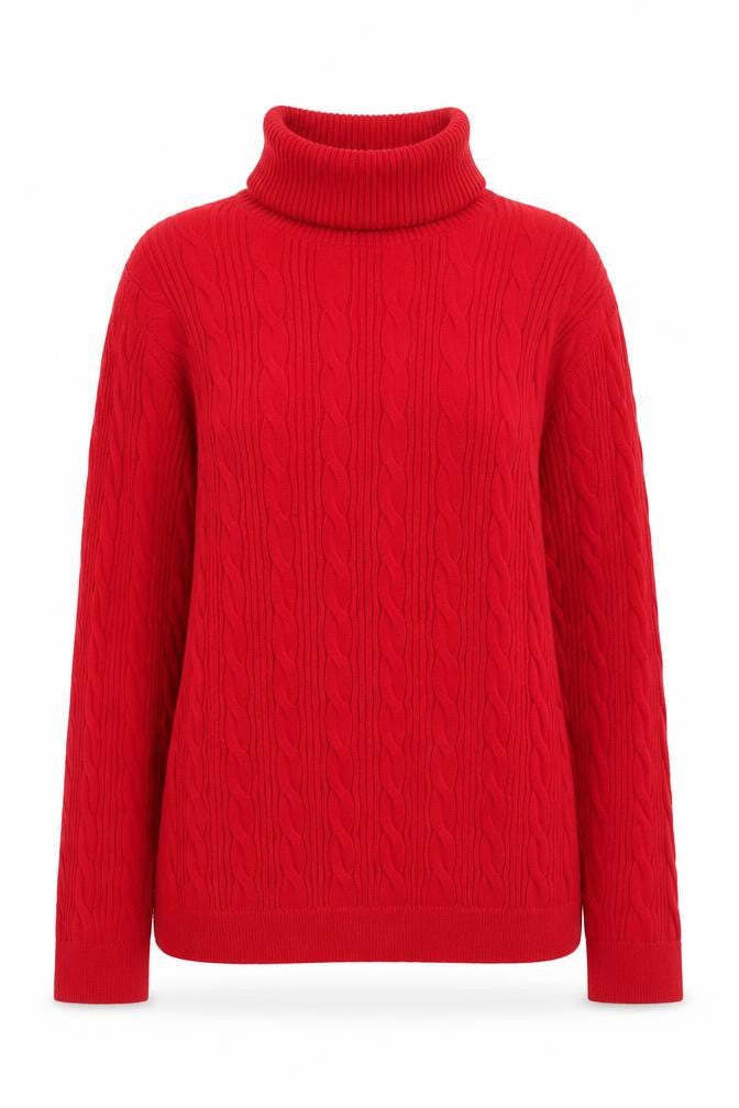 Front view of Lands' End Women's Red Roll Neck Cable-Knit Cotton Jumper, size M