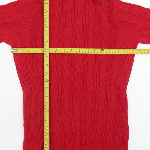 Lands' End Women's Red Roll Neck Cable-Knit Cotton Jumper Size M