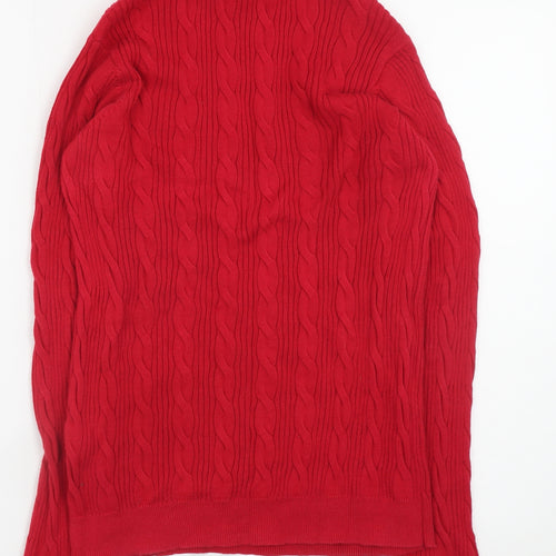 Lands' End Women's Red Roll Neck Cable-Knit Cotton Jumper Size M