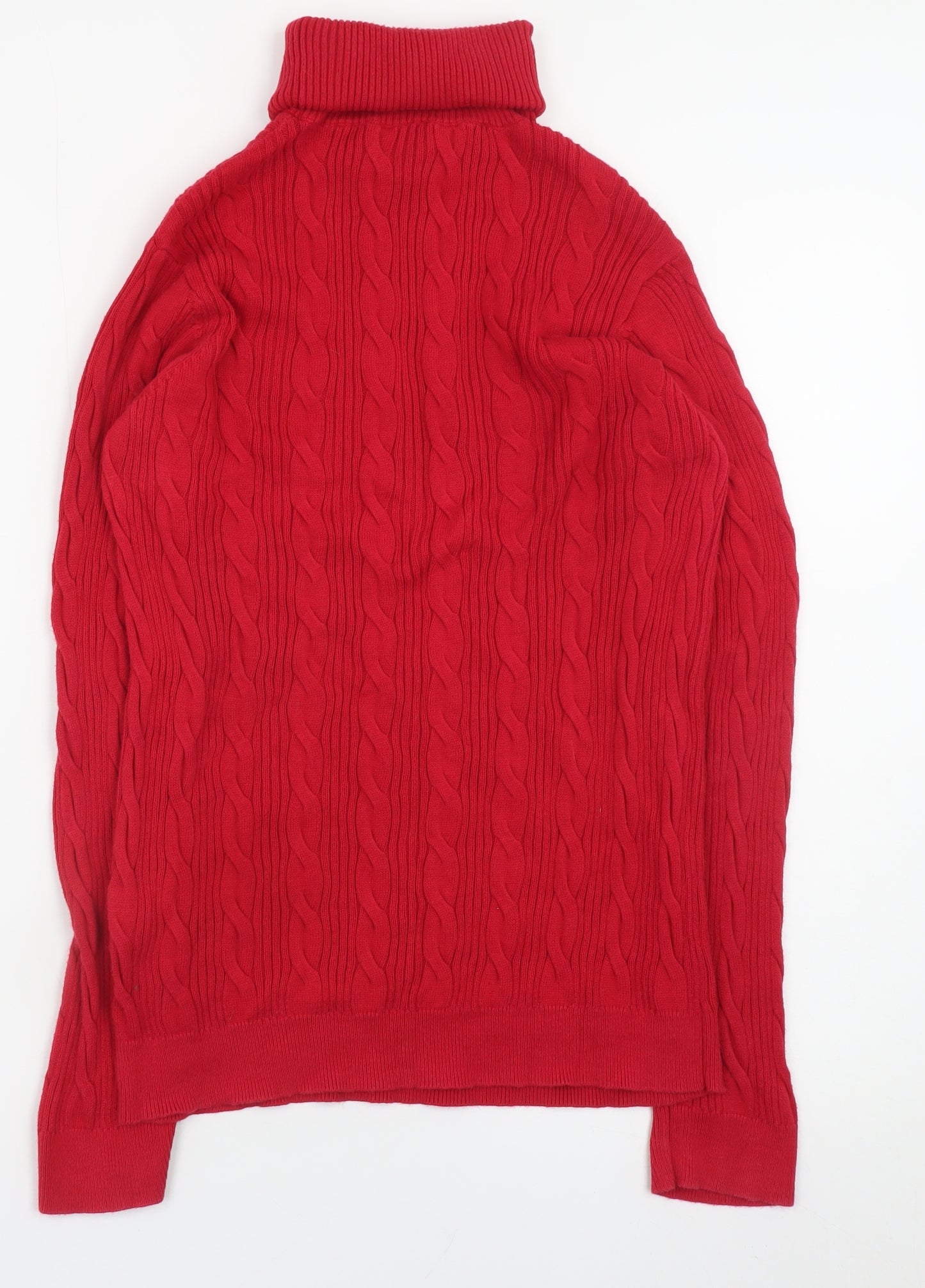 Lands' End Women's Red Roll Neck Cable-Knit Cotton Jumper Size M