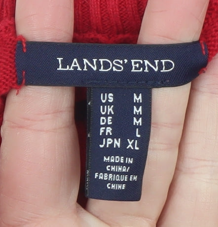 Lands' End Women's Red Roll Neck Cable-Knit Cotton Jumper Size M